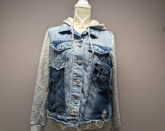 Upcycled Distressed Hooded Denim Jacket - XL