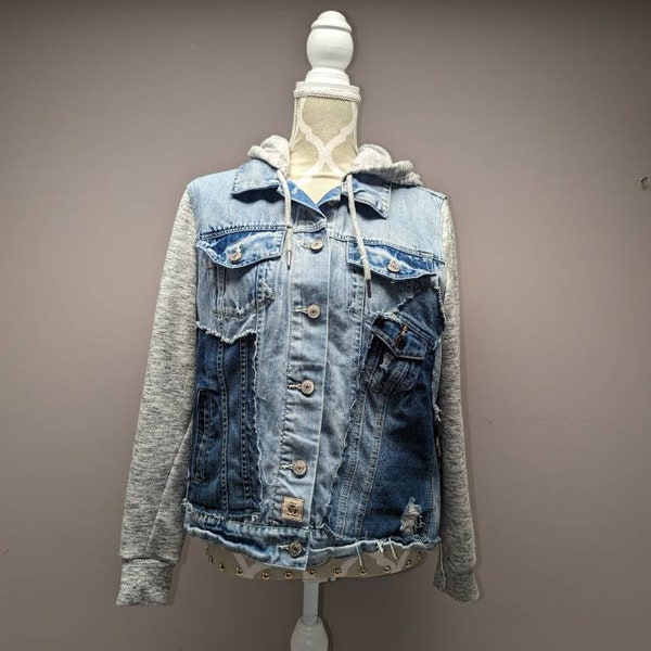 Veste en jean à capuche effet vieilli recyclée - XL