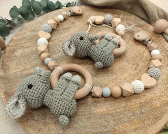 Chaîne de poussette coffret cadeau | Pendentif siège bébé "Éléphant crocheté"