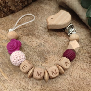 Pacifier chain with name Flower Many verses Colors Beere