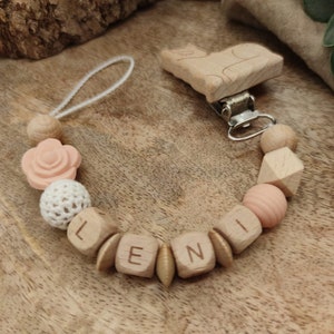 Pacifier chain with name Flower Many verses Colors Apricot