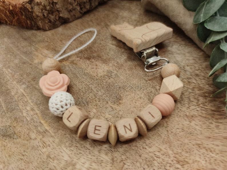 Pacifier chain with name Flower Many verses Colors Apricot