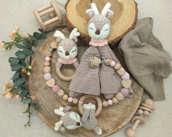 Gift set "Deer pink" | Comforter | rattle | stroller chain