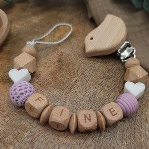 Pacifier chain with name Heart Many verses Colors Flieder