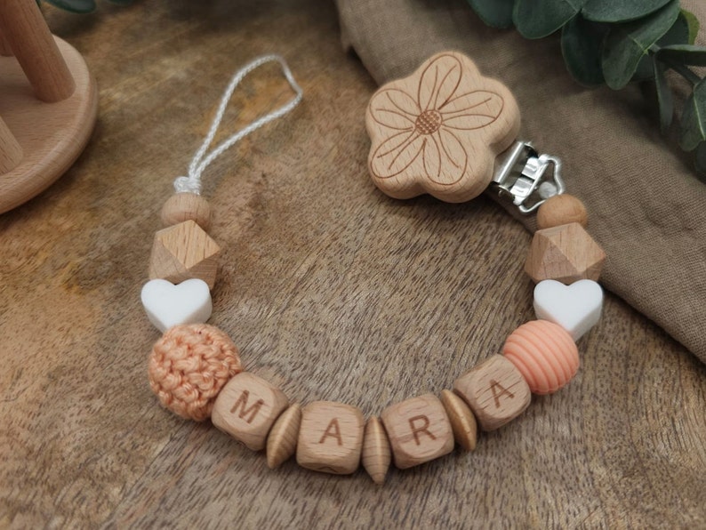Pacifier chain with name Heart Many verses Colors Apricot