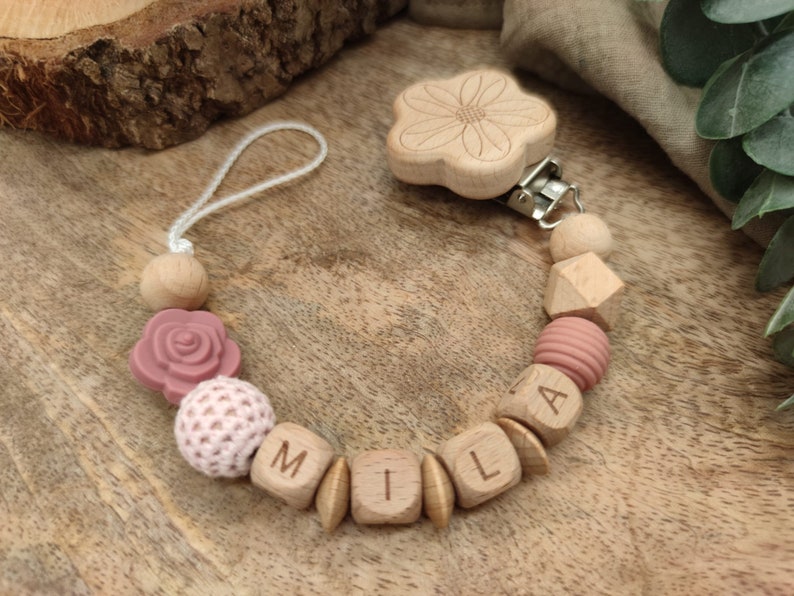 Pacifier chain with name Flower Many verses Colors Altrosa
