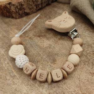 Pacifier chain with name Flower Many verses Colors Beige