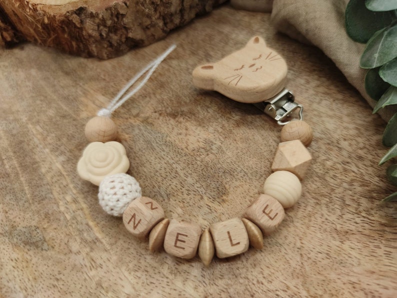 Pacifier chain with name Flower Many verses Colors Beige