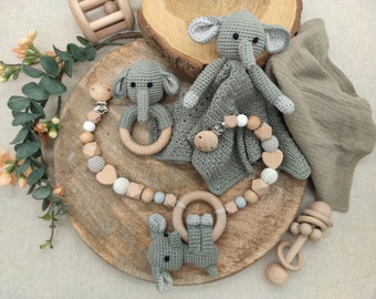 Cadeauset "Olifant" | Trooster | rammelaar | kinderwagen ketting