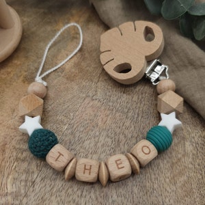 Pacifier chain with name Star Many verses Colors Petrol