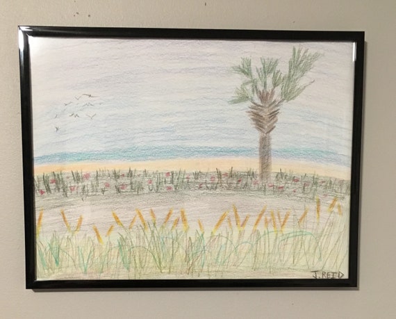 Palm Tree Beach Colored Pencil Drawing 12x9 With Frame