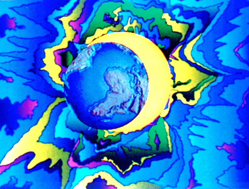 K&ouml;nnte beinhalten: Ein abstrakter Hintergrund in Blau- und Gr&uuml;nt&ouml;nen mit einer gelben Halbmondform, die einen blauen Globus umgibt. Der Globus hat einen wei&szlig;en Umriss der Kontinente.