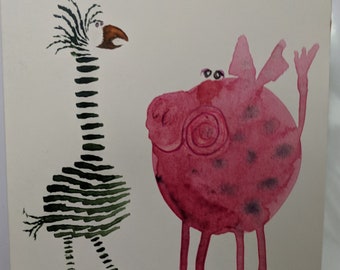 Custom made Whimsical animal card : Zebra bird and pig