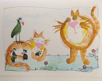 Custom made Whimsical animal card : Cats and Birds