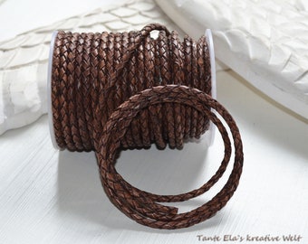 Leather strap braided - vintage brown - 4 mm