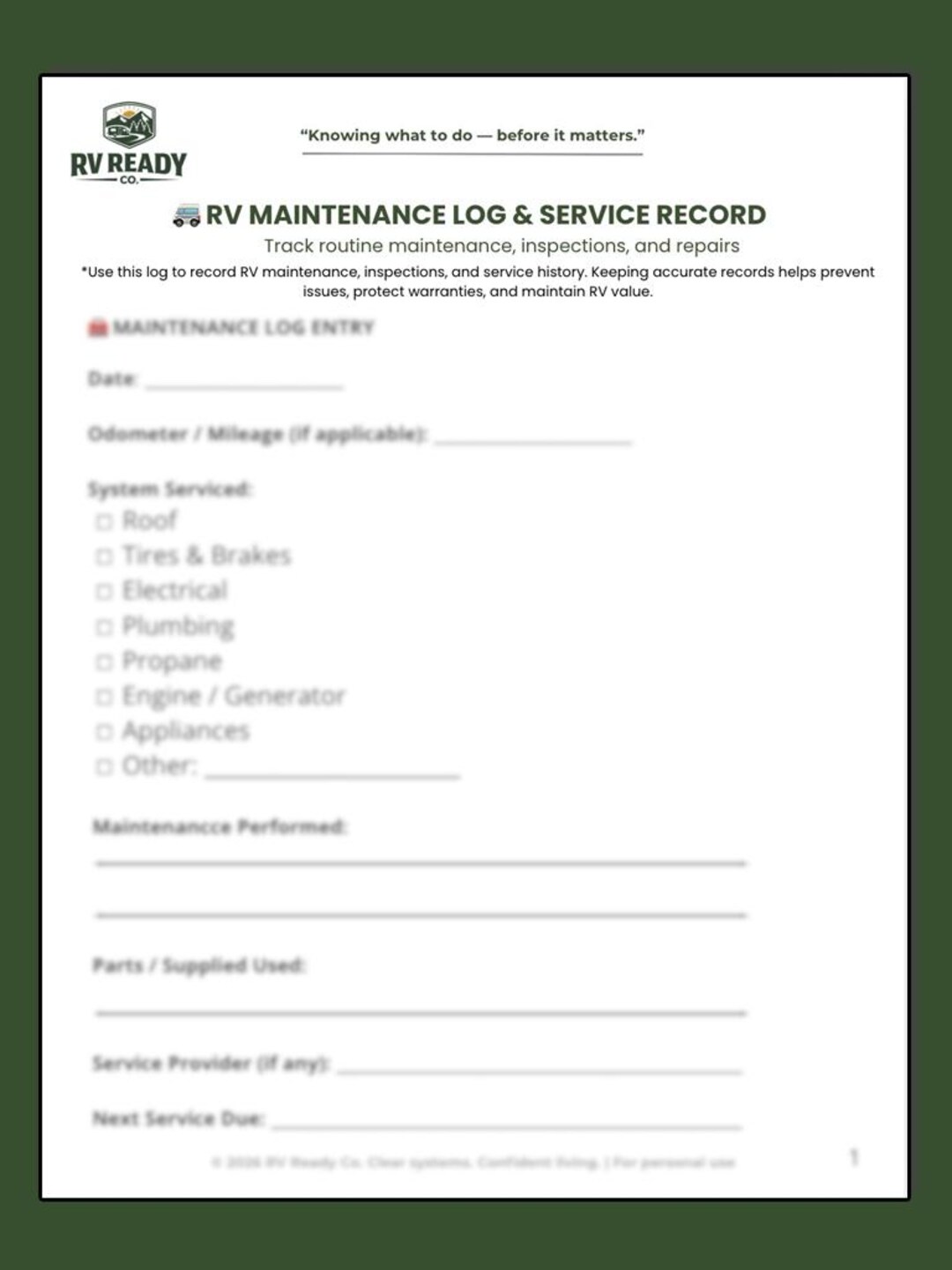 RV Maintenance Log Printable | RV Service & Repair Record Sheet ...