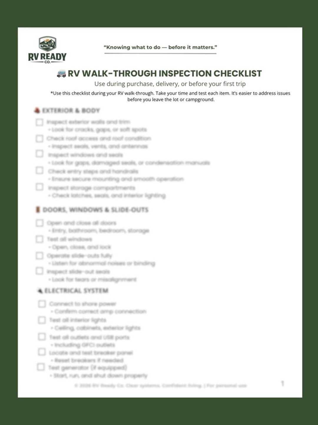 RV Walk-through Inspection Checklist | Safety & Setup Guide (PDF ...