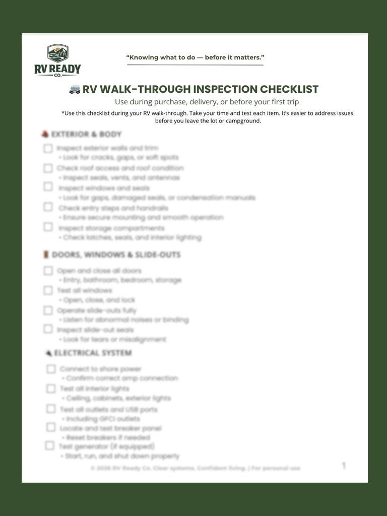 RV Walk-through Inspection Checklist | Safety & Setup Guide (PDF ...