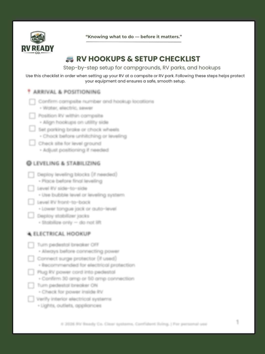 RV Hookups & Setup Checklist | Printable Campground Setup Guide ...