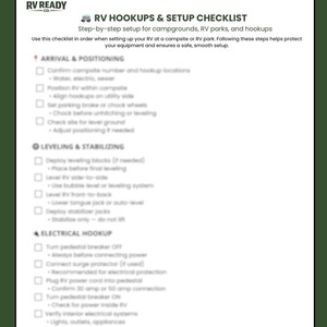 May include: A green-bordered checklist titled "RV Hookups & Setup Checklist". It offers step-by-step instructions for setting up an RV at campsites and RV parks. The checklist covers arrival, leveling, and electrical hookup procedures.