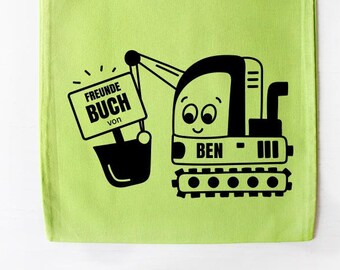 Freundebuch Tasche mit Namen | Bagger - Grün - Freundebuch Beutel- Kindergarten Tasche - Freundebuch Kita Beutel