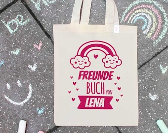 personalisierte Freundebuch Tasche | Regenbogen - Freundebuch Beutel Regenbogen - Kindergarten Tasche mit Namen