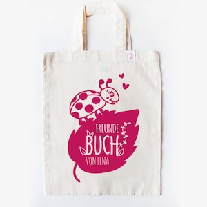 Freundebuch Tasche mit Namen | Marienkäfer - Beige - Freundebuch Beutel- Kindergarten Tasche - Kindertasche mit Namen - Mädchentasche