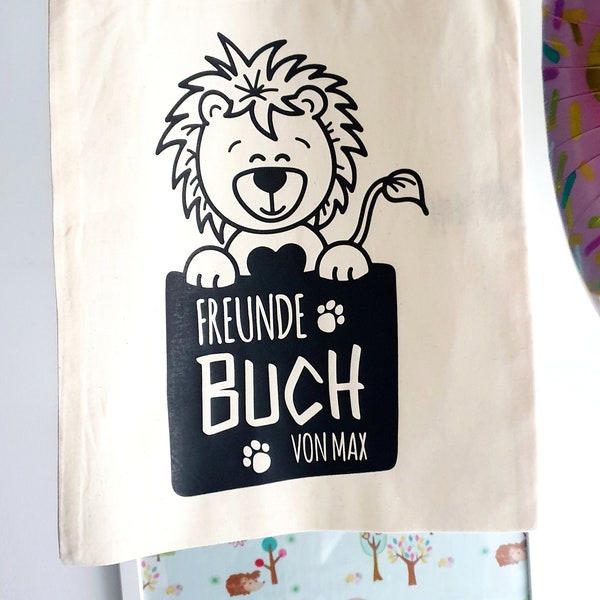 Freundebuch Tasche personalisiert | Löwe - Freundebuch Beutel - Kindergarten Tasche mit Name - Kindergarten Freundebuch Jungen