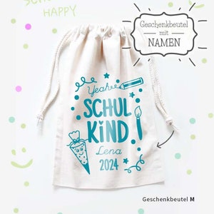 Geschenkbeutel Schulkind | Stoffbeutel mit Names des Schulkindes 2024 in Türkis | Größe M