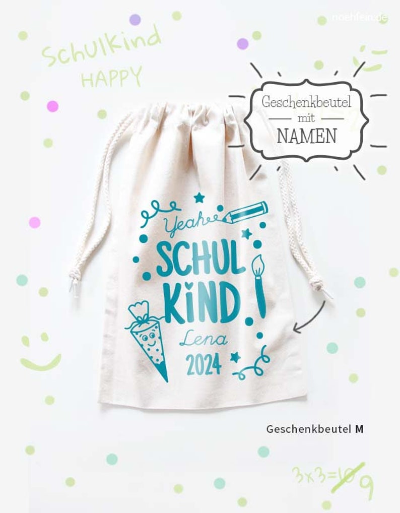 Geschenkbeutel Schulkind | Stoffbeutel mit Names des Schulkindes 2024 in Türkis | Größe M