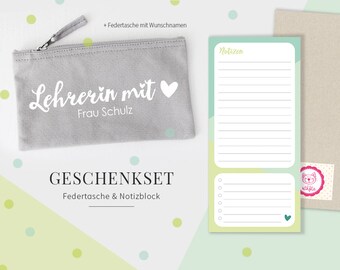 Geschenk Lehrerin Set - Notizblock Klarheit & Federtasche Lehrerin mit Herz + Wunschnamen - Geschenk Lehrerin - Abschiedsgeschenk Lehrerin