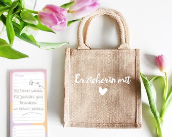 Jute Tasche | Erzieherin mit Herz - Geschenktasche personalisiert - Geschenk Erzieherin mit Namen - Geschenkverpackung - Jute Beutel