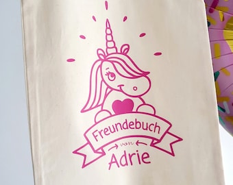 personalisierte Freundebuch Tasche | Einhorn - Kindergarten Tasche mit Namen - Kinderbeutel Einhorn
