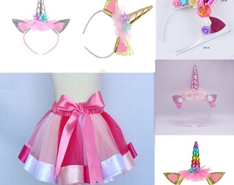 Girl Unicorn Pink-Pink Party Skirt Rainbow Headband Birthday Carnival Princess Tutu Tulle Skirt