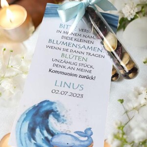 Presente para convidado pingente de semente de flor tubo de ensaio de peixe baleia azul com sementes de flores, batismo, comunhão, matrícula escolar