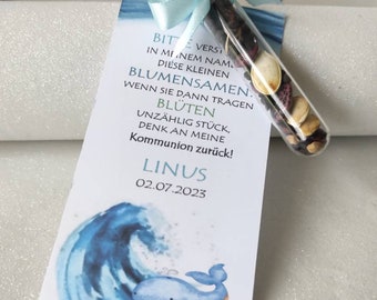 Gastgeschenk Blumensamen Anhänger Blauer Wal-Fisch Reagenzglas mit Blumensamen, Taufe, Kommunion, Einschulung