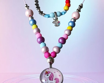 Kit de manualidades para niños: collar y pulsera de unicornio arcoíris, conjunto de joyería DIY con dije de unicornio