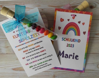 Kunterbunte Schulzeit - personalisierbares Einschulung Geschenk für Schulkind Karte mit Engel Glücksbringer