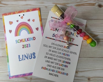 Kunterbunte Schulzeit - Einschulung Geschenk Schulkind Schultüte Schutzengel  Karte  Glücksbringer Schlüsselanhänger