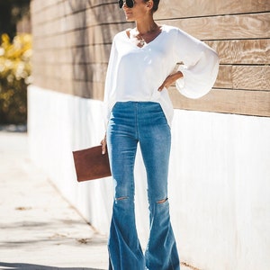 Denim Bell Bottoms • TRENDY • stretchy waist • comfy • hippie • unique • Elastic • popular • Mid to High Waisted • Festival •