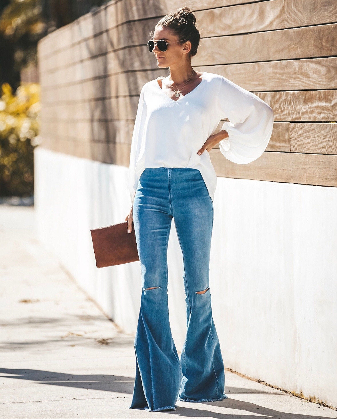 Women's Blue Jeans High Waisted Flared Bell Bottoms Pants/white