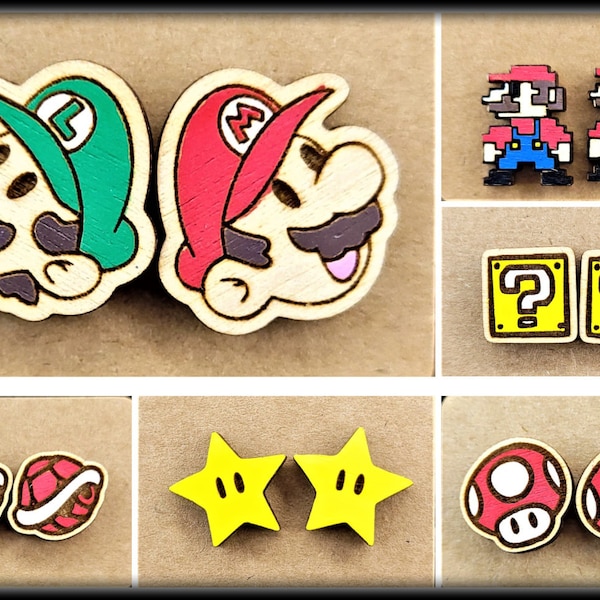 Video game stud earrings I Mario Luigi earrings | Party themed stud earrings | Mario movie inspired stud earrings | Retro 8 bit earrings