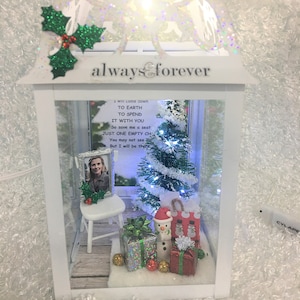 Christmas lighted lantern..Christmas in heaven .Celebration of Life....empty chair...personalized...remembering a lost loved one