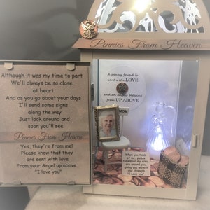 Pennies from Heaven, memorial lighted lantern , personalized, unique, loving gift  option of adding mini urn