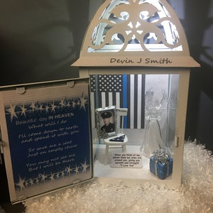 Police officer memorial lighted lantern Back the Blue forever Remembered personalized with picture and name option of adding mini urn
