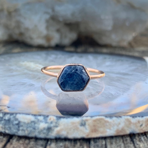 Solid Gold Raw Blue Sapphire Ring| Raw Sapphire Alternative Engagement Ring| Raw Stacking Ring