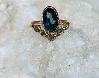 Teal Sapphire Engagement Ring| Moss Agate Ring| Raw Engagement Rings/