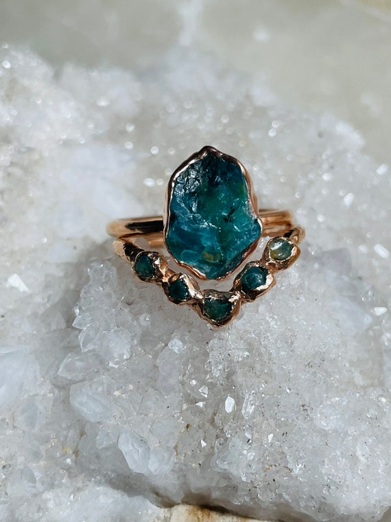 Blue Peruvian Opal And Moss Agate Ring Set| Earthy Ring Set| Raw Wedding  Set| Alternative Engagement Rings| Raw Stone Engagement Ring|