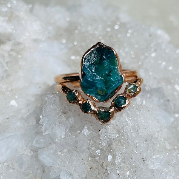 Blue Peruvian Opal And Moss Agate Ring Set| Earthy Ring Set| Raw Wedding Set| Alternative Engagement Rings| Raw Stone Engagement Ring|