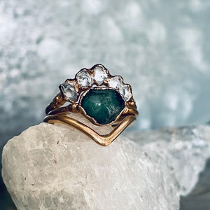 Emerald goddess ring set| herkimer diamond ring| birthstone rings| raw stone rings| raw emerald ring| stacking rings